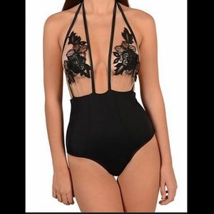 - 🌞 Black Halter one piece swimsuit sheer w/Flowers on top Size: Large NWO…